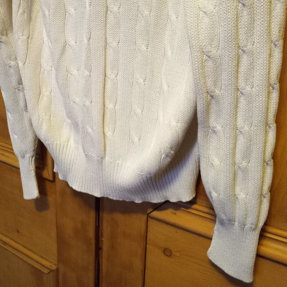Vintage White Cable Knit Preppy V-Neck Sweater Size Large (T-331) - Picture 4 of 6
